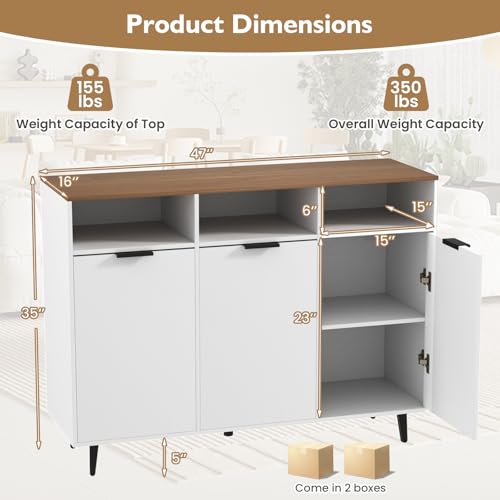 Sideboard Cabinet - 47” Buffet Cabinet with Storage Compartments, Countertop, 3 Doors Kitchen Cabinets, Modern Furniture for Living Room, Entryway, Coffee Bar (White & Natural)