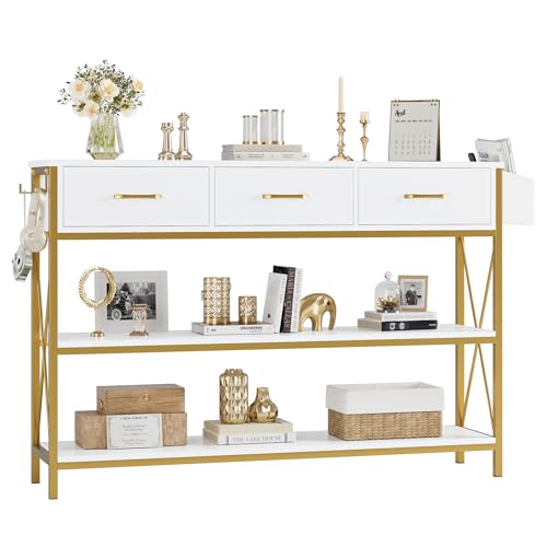 Gold Console Table with Storage, 47.2" Long Entryway Table, White | Narrow Wide Wood Entry way Table w/ 3-Tier Open Shelves, Industrial, Farmhouse Sofa Foyer Table for Hallway, Living Room