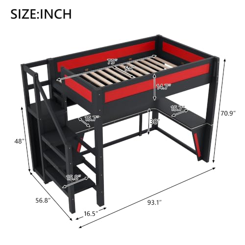 JIVOIT Full Size Gaming Loft Bed Frame with Desk, Wardrobe, Side Ladder, Shelves (Black+Red/ 66)