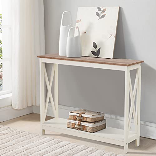 Farmhouse Console Table with Storage Shelf, 2 Tier Sofa Table for Entryway, Hallway, Living Room, Ivory