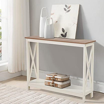 Farmhouse Console Table with Storage Shelf, 2 Tier Sofa Table for Entryway, Hallway, Living Room, Ivory