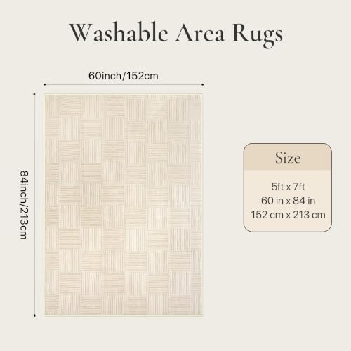 Soft Washable Area Rugs 5x7, 3D Modern Grid Design Rugs for Living Room, High-Low Pile Textured Non Slip Fuzzy Shag Carpet, Non-Shedding Stain Resistant Beige Carpet for Bedroom, Dining Room