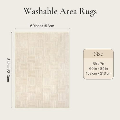 Soft Washable Area Rugs 5x7, 3D Modern Grid Design Rugs for Living Room, High-Low Pile Textured Non Slip Fuzzy Shag Carpet, Non-Shedding Stain Resistant Beige Carpet for Bedroom, Dining Room