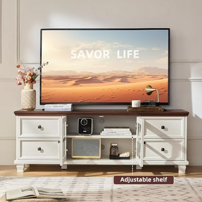 Farmhouse TV Stand with Glass Doors for Living Room, White, view 4