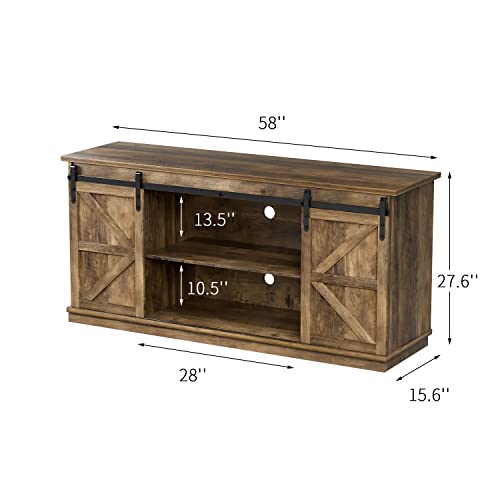ZPK Farmhouse TV Stand for 65 Inch TV, Modern Television Stands Mid Century Media Entertainment Center with Sliding Barn Doors and Storage Cabinets, Console Table for Living Room, Bedroom (Rustic Oak)