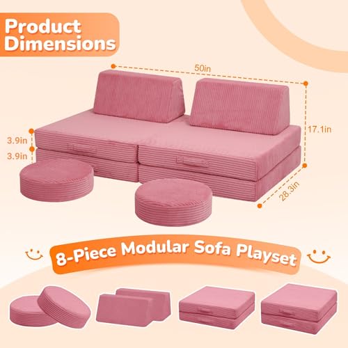 Kids Couch for Playroom, Corduroy Convertible Toddler Couch, 8 Piece Modular Play Sofa, Foam Fort Building Set for Child Room Furniture, Pink