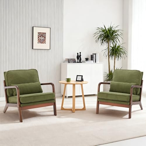 Mid Century Modern Accent Chair, Upholstered Low Armchair with Lumbar Pillow and Solid Wooden Frame, Lounge Chair for Small Living Room, Bedroom, Reading Nook, Green