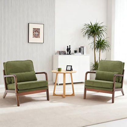 Mid Century Modern Accent Chair, Upholstered Low Armchair with Lumbar Pillow and Solid Wooden Frame, Lounge Chair for Small Living Room, Bedroom, Reading Nook, Green