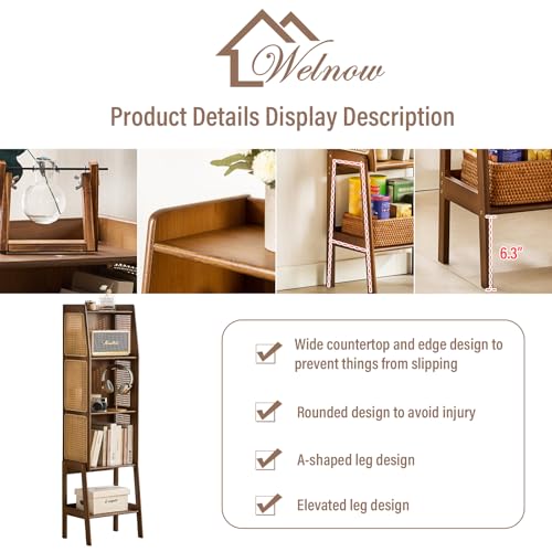 Bamboo Rattan Bookcase with Cabinet, 3-Tier Storage Shelf with Side Table & End Table Function, Large Modern Wood Organizer for Living Room or Bedroom, Walnut Bookshelf