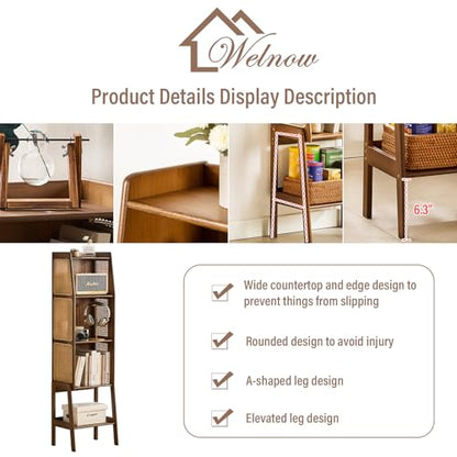 Bamboo Rattan Bookcase with Cabinet, 3-Tier Storage Shelf with Side Table & End Table Function, Large Modern Wood Organizer for Living Room or Bedroom, Walnut Bookshelf