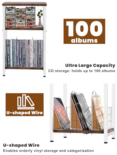 Record Player Stand, 3 Tier End Table with Double Layer Iron Wire Mesh Turntable Vinyl Record Stand Storage Up to 100 Albums, Nightstand Small Side Tables for Living Room Bedroom, White