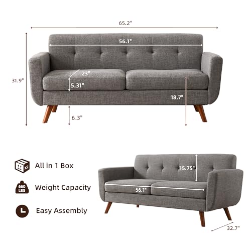 65" W Loveseat Sofa, Mid Century Modern Love Seat Couches for Living Room, Button Tufted Upholstered Small Couch for Bedroom, Solid and Easy to Install Love Seats Furniture, Grey
