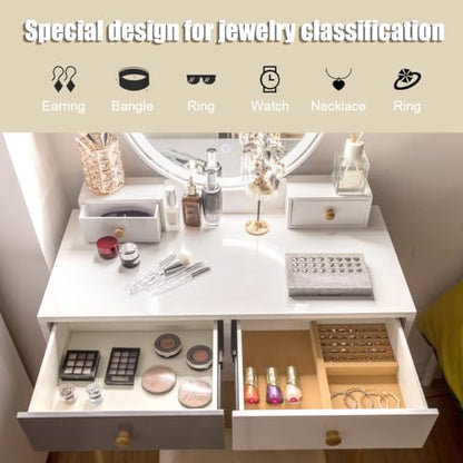 Vanity Set with Lighted Mirror, 3 Color Touch Screen Dimming Mirror, Adjustable Brightness, Bedroom Makeup Dressing Table with 4 Drawers and Cushioned Stool for Girls Women, White & Gray