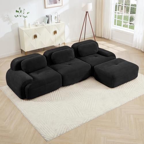 116" Modern Corduroy Cloud Sofa with Ottoman, L Shaped Boneless Modular Large Sectional Couches for Living Room, Black 3 Seater Compressed Memory Foam Couch, Extra Deep Seat, No Assembly