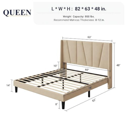 Queen Size Platform Linen Bed Frame with Headboard, Beige, view 3