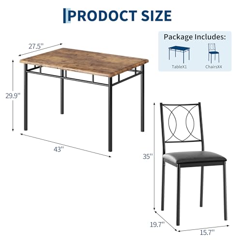 Dining Table Set for 4, Small Kitchen Table with Upholstered Chairs, Farmhouse Wood Dining Table Chairs for Kitchen Room, Small Spaces, Apartment, Brown