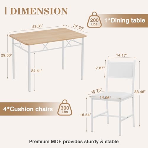Dining Table Set for 4 with Chairs, 5-Piece Kitchen Table and Upholstered Padded Chairs Set for Small Space, Dining Room, Apartment, Natural White