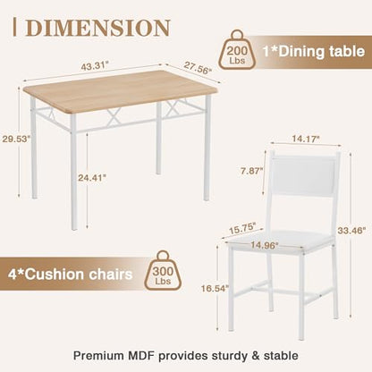 Dining Table Set for 4 with Chairs, 5-Piece Kitchen Table and Upholstered Padded Chairs Set for Small Space, Dining Room, Apartment, Natural White