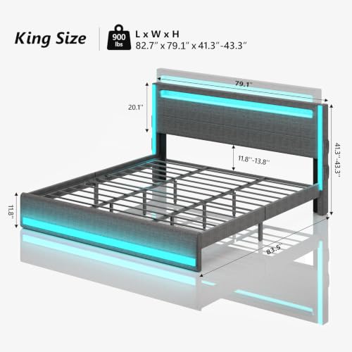King Size Bed Frame with Headboard, Upholstered LED Bed Frame, Light up, view 3
