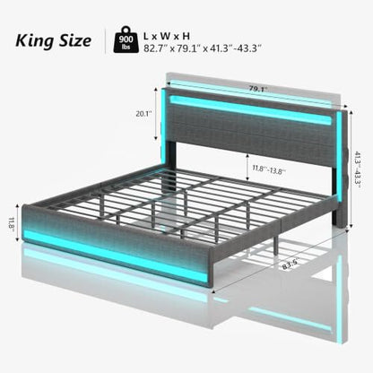 King Size Bed Frame with Headboard, Upholstered LED Bed Frame, Light up, view 3