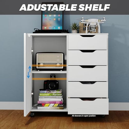 5-Drawer Chest with 1 Door, Wooden Chest of Drawers Storage Dresser Cabinet with Wheels, Office Organization and Storage, Bedroom Furniture (White-S)