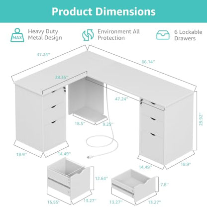 66" L Shaped Desk with 6 Lockable Drawers, White Corner Executive Desk, view 4