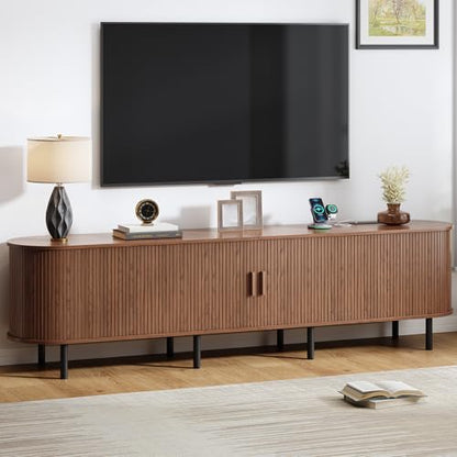 86.6" TV Stand with Power Outlet, Mid-Century Modern Television Stand, Fluted Media Console with Sliding Doors, Entertainment Center for TVs up to 90 Inch, Adjustable Shelves, Walnut