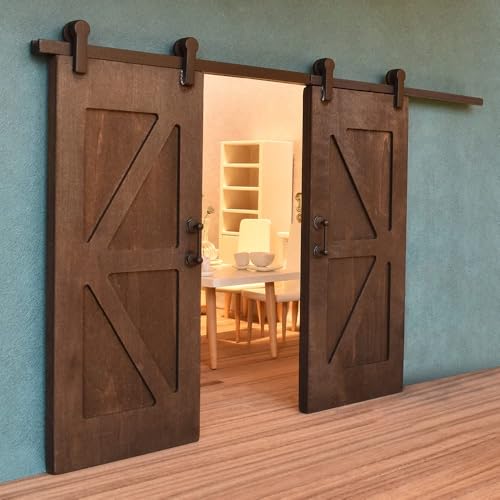 Dollhouse Door on 1/12 Scale, Wooden Double Sliding Mini Doors w/Metal Rods, Realistic Miniature Building Supplies, Miniature Decor of Dollhouse Furniture and Doll House Accessories