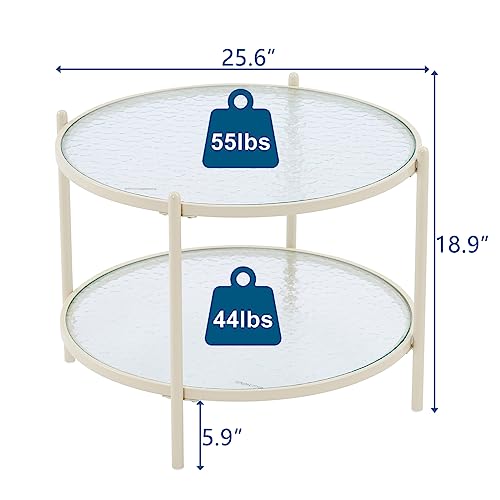 25.6" Small Cream White Round Coffee Table Water-Wave Glass Circle Clear Coffee Table, Center Table with 2-Tier Modern Storage Design for Living Room, Bedroom, Meeting Room, Balcony, Beige