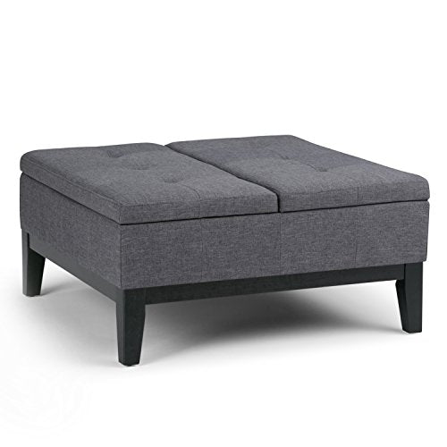 Dover 36 inch Wide Contemporary Square Coffee Table Storage Ottoman in Slate Grey Linen Look Fabric, Assembled, For the Living Room and Bedroom