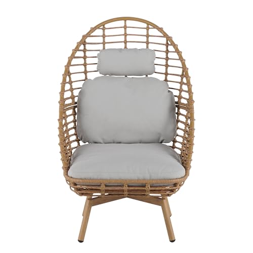 Ellis Swivel Lounge Chair Outdoor, High Back Comfy Reading Chair with Cushion, Iron Frame Wicker Accent Chair, Single Sofa Chair Patio Furniture Set, Light Brown+Light Gray