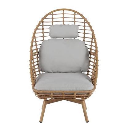 Ellis Swivel Lounge Chair Outdoor, High Back Comfy Reading Chair with Cushion, Iron Frame Wicker Accent Chair, Single Sofa Chair Patio Furniture Set, Light Brown+Light Gray