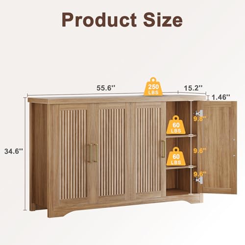 55" Fluted Sideboard Buffet Cabinet with Storage, Natural Oak, view 3