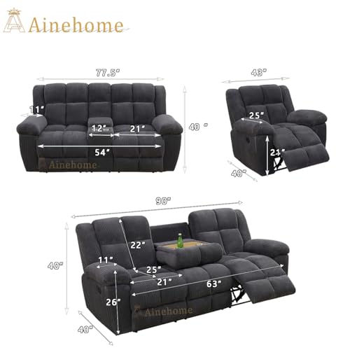 Manual Recliner Sofa Set, Corduroy Recliner Loveseat, Living Room Furniture Set Modern Loveseat Sofa, Reclining Couches for Living Room/Office(3 Piece Set, Dark Grey)