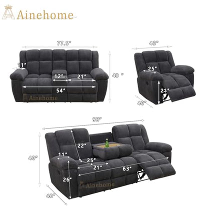 Manual Recliner Sofa Set, Corduroy Recliner Loveseat, Living Room Furniture Set Modern Loveseat Sofa, Reclining Couches for Living Room/Office(3 Piece Set, Dark Grey)