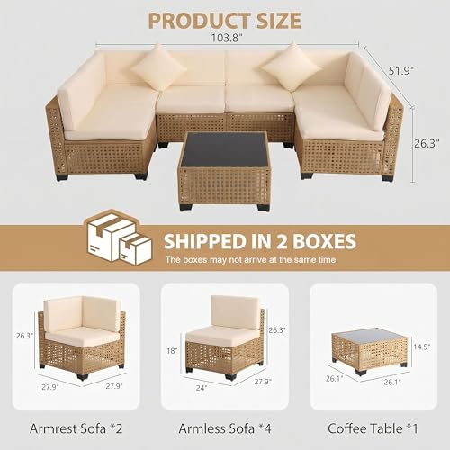 7-Piece Patio Furniture Set, All-Weather PE Rattan Outdoor Sectional Sofa, Modular Wicker Conversation Set with Thick Cushions & Easy-Clean Coffee Table（Yellow/White）