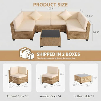 7-Piece Patio Furniture Set, All-Weather PE Rattan Outdoor Sectional Sofa, Modular Wicker Conversation Set with Thick Cushions & Easy-Clean Coffee Table（Yellow/White）