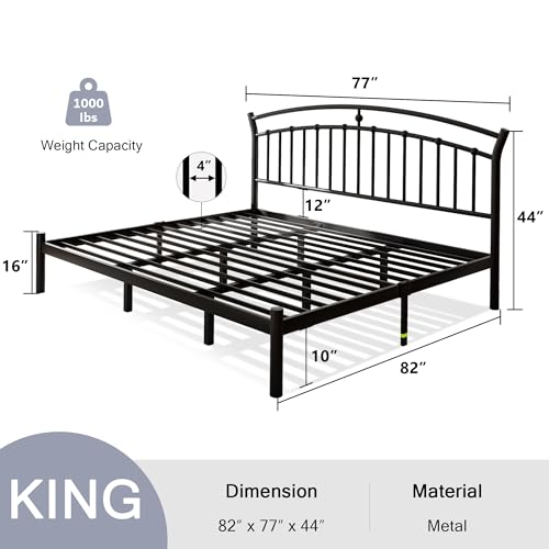 King Size Metal Bed Frame with Headboard, Classic Black, Heavy Duty, view 3
