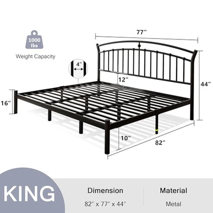 King Size Metal Bed Frame with Headboard, Classic Black, Heavy Duty, view 3