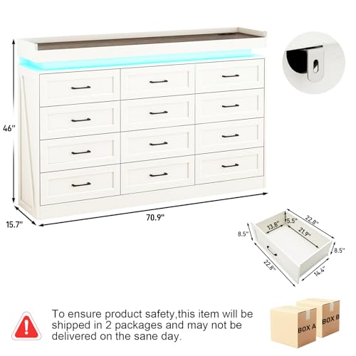 71" Wide 46" Tall Large Farmhouse 12 Drawers Dresser for Bedroom with LED Light, view 3