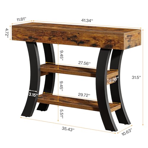 Tribesigns 41" Small Console Table for Entryway, 3-Tier Narrow Rustic Sofa Table with Storage Shelves and Curved Frame for Living Room, Entry, Hallway, Foyer, Rustic Brown