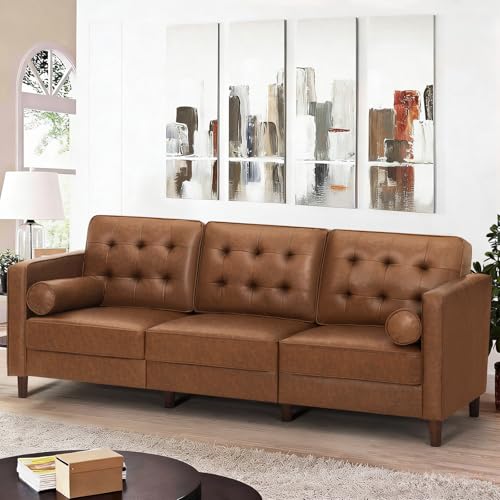 84 Inches Modern Faux Leather 3-Seat Sofa w/2 Bolster Pillows & Tufted Backrest, Mid-Century Couch, Premium 3 Seaters Sofa for Living Room, Bedroom, Office, Brown