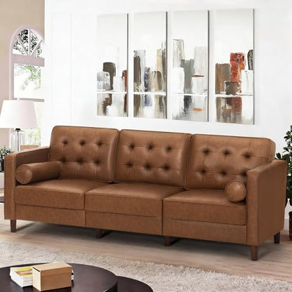 84 Inches Modern Faux Leather 3-Seat Sofa w/2 Bolster Pillows & Tufted Backrest, Mid-Century Couch, Premium 3 Seaters Sofa for Living Room, Bedroom, Office, Brown