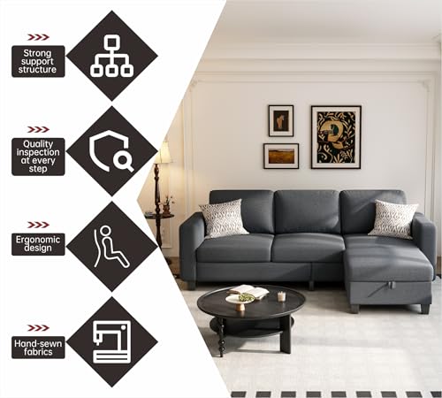 78" Sectional Sofa Couches for Living Room, 3 Seat L Shaped Convertible Couch with Storage Ottoman, Comfortable Pet-Friendly Linen Sofa Set for Small Space, Apartment, Office, Dark Grey