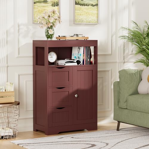 Bathroom Storage Cabinet Freestanding Floor Cupboard with 1 Door and 3 Drawers for Kitchen, Living Room, Brown