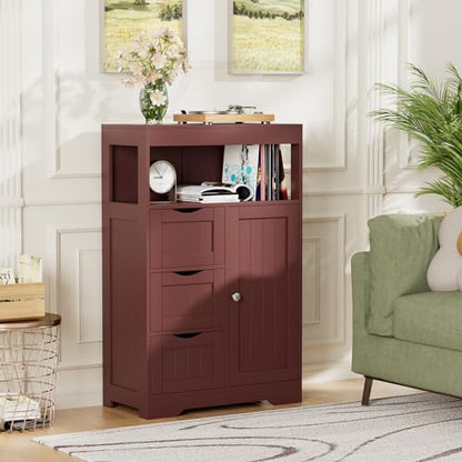 Bathroom Storage Cabinet Freestanding Floor Cupboard with 1 Door and 3 Drawers for Kitchen, Living Room, Brown