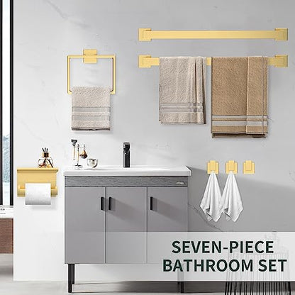 7 Piece Gold Bathroom Hardware Set with Brushed Gold Bathroom Accessories - Square 2 Towel Bars Towel Rack Stainless Steel 23-Inch