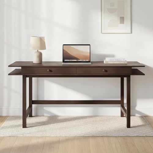 Double-Top Solid Wood Desk - 60-Inch Mid-Century Modern Writing Table with Drawers for Home Office, Study, and Creation, Rubberwood Computer Desk in Black Walnut