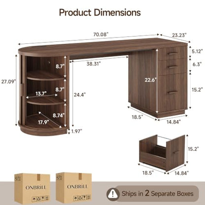 70" Fluted Executive Desk with File Drawers (Walnut), view 3