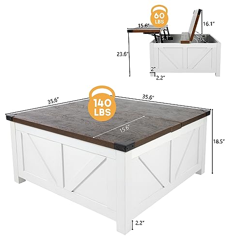 Farmhouse Lift Top Coffee Table with Storage, Wood Square Center Table with Charging Station&USB Port, Living Room Table w/Large Hidden Space, for Living Room, Bedroom, Home Office, White
